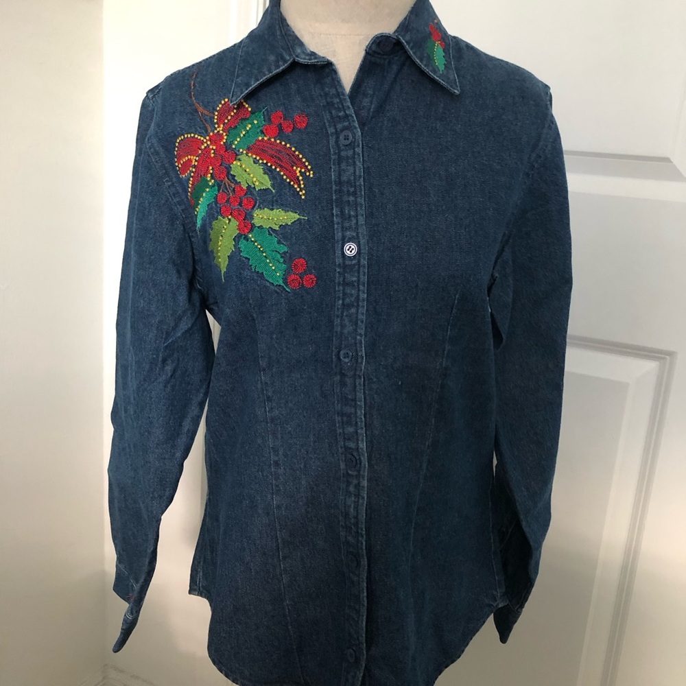 Embroidered Denim Shirt with Holly Berry Leaves Design